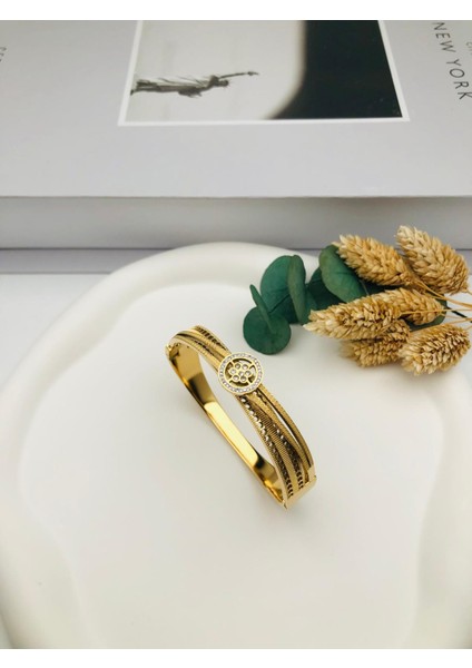 Taşlı ve Çiçek Detaylı Çelik Kelepçe (GOLD)2177