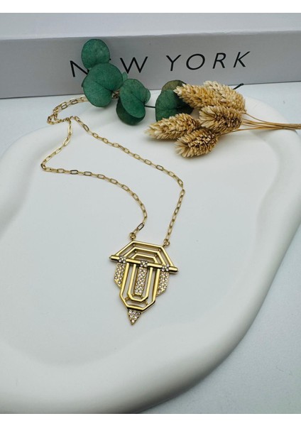 Serenay Model (Büyük Boy) Çelik Kolye (Gold) 0106302
