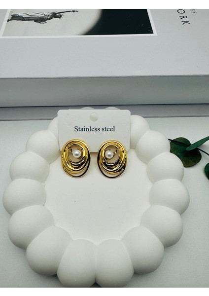 İnci Detaylı Çelik Küpe KP436 (Gold)