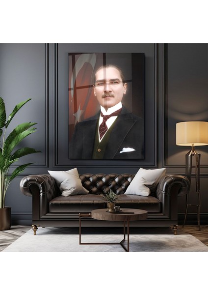 Mustafa Kemal Atatürk Cam Tablo- Ev ve Ofis Dekorasyonu-Duvar Dekorasyonu-Türk Bayrağı-Insan