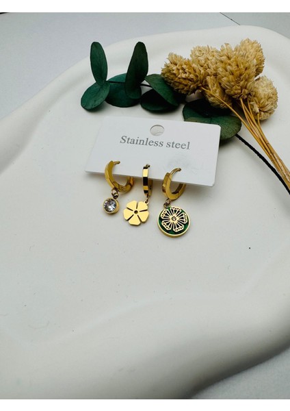 3'lü Yonca Detaylı Set Çelik Küpe (Gold) KP13536-1