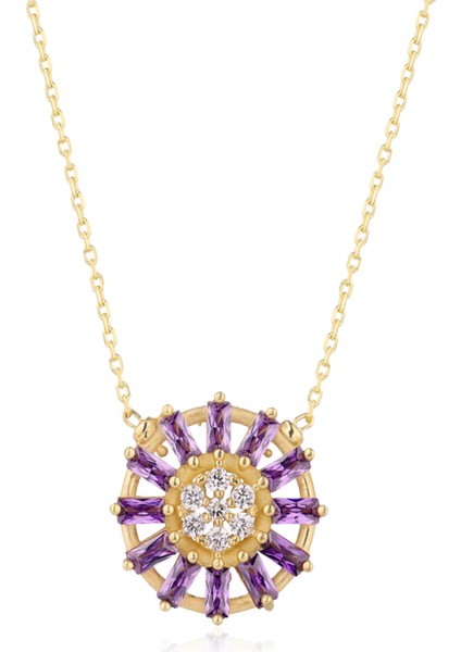 Kadın Kolye, Baguette Kesim Zirconia Amethyst Kolye, Ametist Kolye, Baget Taşlı Kolye,18 Ayar Altın Kaplama Kolye, 925 Ayar Gümüş Kolye