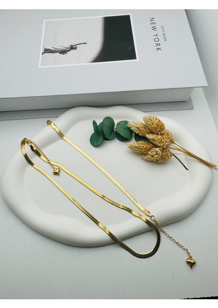 Italyan Kolye (45 Cm) ve Bileklik Çelik Set (Gold) CSM00025