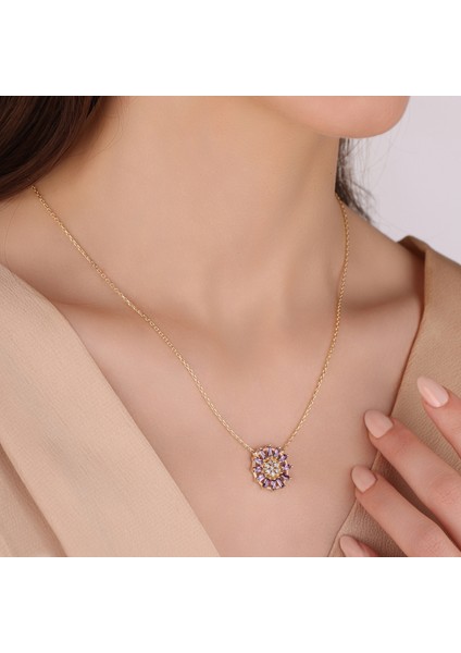 Kadın Kolye, Baguette Kesim Zirconia Amethyst Kolye, Ametist Kolye, Baget Taşlı Kolye,18 Ayar Altın Kaplama Kolye, 925 Ayar Gümüş Kolye
