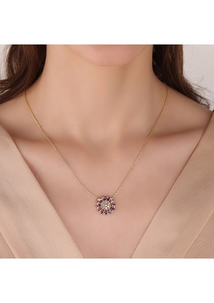 Kadın Kolye, Baguette Kesim Zirconia Amethyst Kolye, Ametist Kolye, Baget Taşlı Kolye,18 Ayar Altın Kaplama Kolye, 925 Ayar Gümüş Kolye