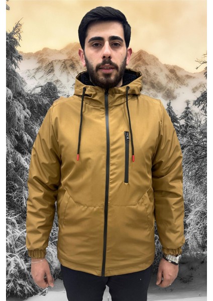 Erkek Taba Içi Kürklü Su ve Rüzgar Geçirmez Kapüşonlu Kışlık Mont & Kaban & Parka ML-FMM-100