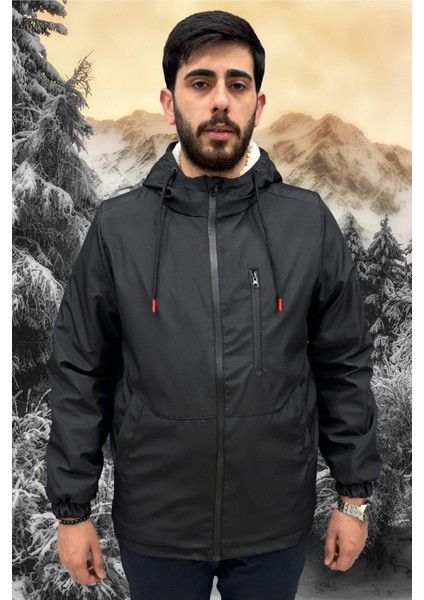 Erkek Siyah Içi Kürklü Su ve Rüzgar Geçirmez Kapüşonlu Kışlık Mont & Kaban & Parka ML-FMM-100