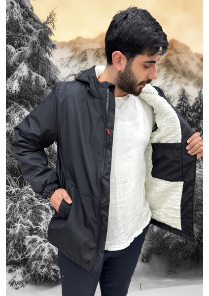 Erkek Siyah Içi Kürklü Su ve Rüzgar Geçirmez Kapüşonlu Kışlık Mont & Kaban & Parka ML-FMM-100