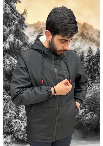 Erkek Siyah Içi Kürklü Su ve Rüzgar Geçirmez Kapüşonlu Kışlık Mont & Kaban & Parka ML-FMM-100