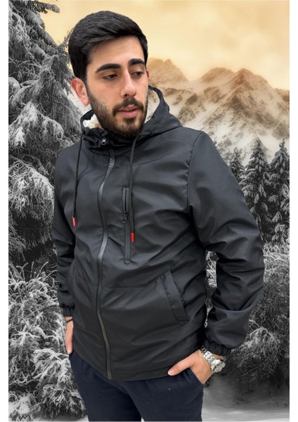 Erkek Siyah Içi Kürklü Su ve Rüzgar Geçirmez Kapüşonlu Kışlık Mont & Kaban & Parka ML-FMM-100