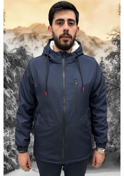 Erkek Lacivert Içi Kürklü Su ve Rüzgar Geçirmez Kapüşonlu Kışlık Mont & Kaban & Parka ML-FMM-100