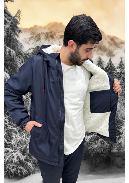 Erkek Lacivert Içi Kürklü Su ve Rüzgar Geçirmez Kapüşonlu Kışlık Mont & Kaban & Parka ML-FMM-100