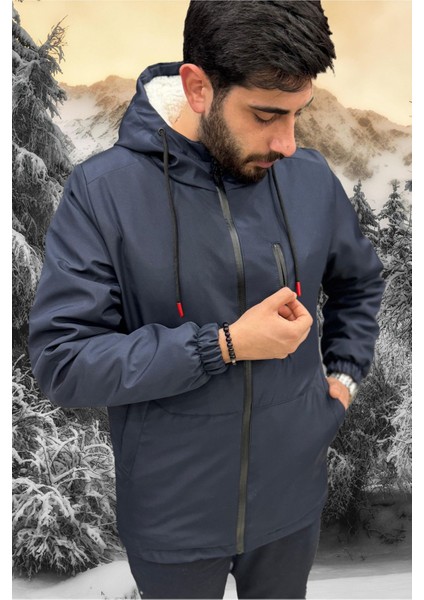 Erkek Lacivert Içi Kürklü Su ve Rüzgar Geçirmez Kapüşonlu Kışlık Mont & Kaban & Parka ML-FMM-100