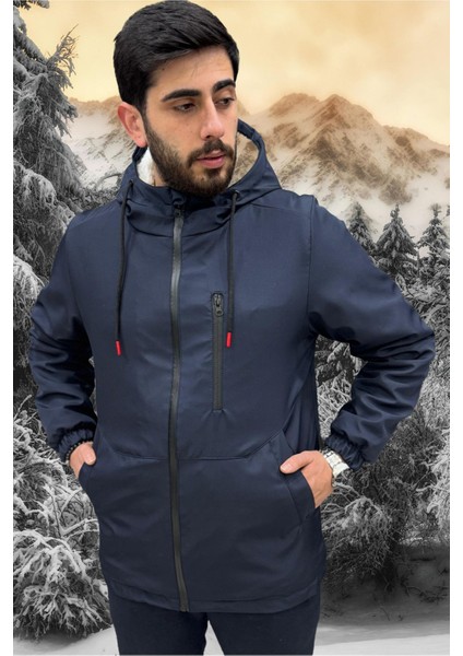 Erkek Lacivert Içi Kürklü Su ve Rüzgar Geçirmez Kapüşonlu Kışlık Mont & Kaban & Parka ML-FMM-100