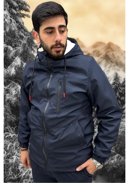 Erkek Lacivert Içi Kürklü Su ve Rüzgar Geçirmez Kapüşonlu Kışlık Mont & Kaban & Parka ML-FMM-100