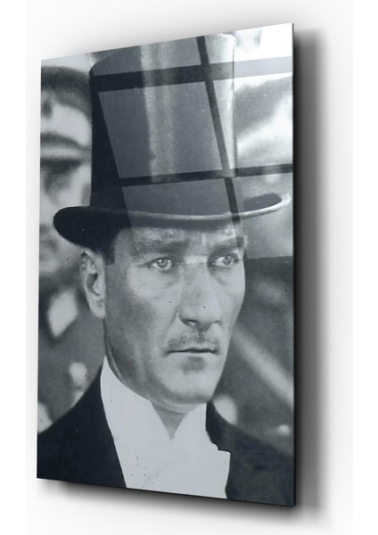 Mustafa Kemal Atatürk Siyah Beyaz Portre Cam Tablo- Ev ve Ofis Dekorasyonu-Ulu Önder- Atatürk fırsatları
