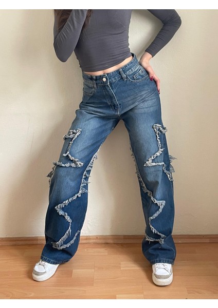 2501 Kadın Büyük Yıldız Baskılı Bagy Big Stars Model Kot Denim Pantolon