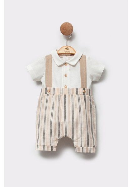 Pamuklu Polo Yaka Çizgili Yazlık Bayramlık Erkek Bebek Kısa Şort Tulum