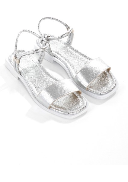 MİA028-3011 Deri Kadın Günlük Konforlu Gümüş Tatil Sandalet modelleri