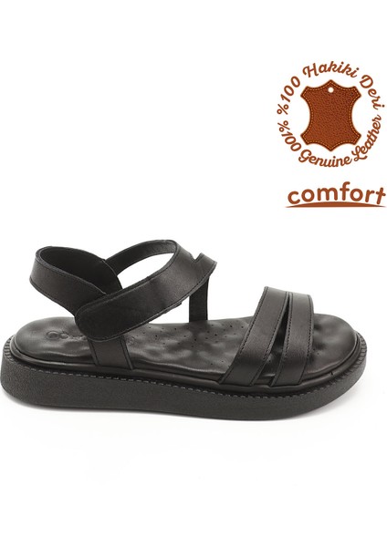 Kadın Siyah Cırt Bantlı Dolgu Taban Hakiki Deri Comfort Sandalet