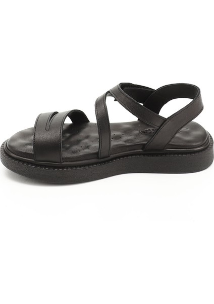 Kadın Siyah Cırt Bantlı Dolgu Taban Hakiki Deri Comfort Sandalet modelleri