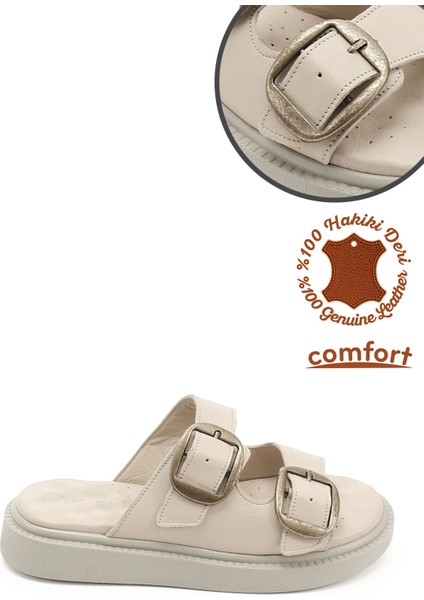 Kadın Bej Tokalı Dolgu Taban Hakiki Deri Comfort Terlik