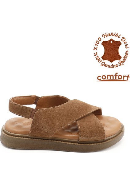 Kadın Taba Çapraz Bantlı Hakiki Deri Comfort Sandalet
