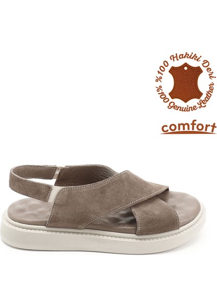 Kadın Vizon Çapraz Bantlı Dolgu Taban Hakiki Deri Comfort Sandalet