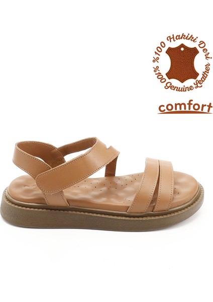 Kadın Taba Cırt Bantlı Hakiki Deri Comfort Sandalet