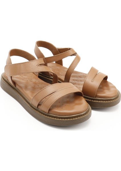 Kadın Taba Cırt Bantlı Hakiki Deri Comfort Sandalet