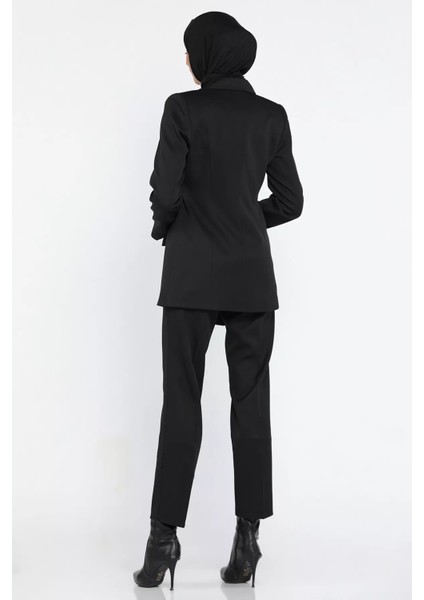 Kadın Bel Kuşak Detaylı Broşlu Tesettür Blazer Ceket Pantolon Ikili Takım