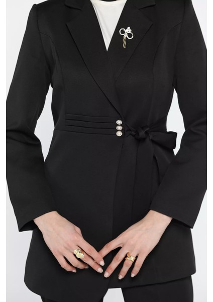 Kadın Bel Kuşak Detaylı Broşlu Tesettür Blazer Ceket Pantolon Ikili Takım