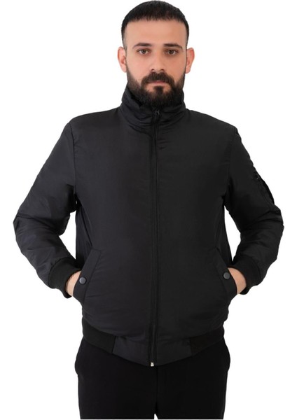 Erkek Siyah Astarlı Dik Yaka Mevsimlik Su ve Rüzgar Geçirmez Mont FM-505