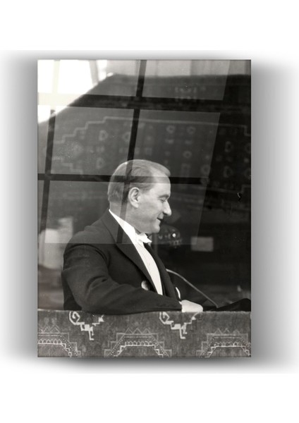 Mustafa Kemal Atatürk Siyah Beyaz Yan Profil Cam Tablo- Ev ve Ofis Dekorasyonu-Hediyelik-Dekoratif-Atatürk