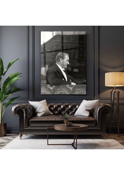 Mustafa Kemal Atatürk Siyah Beyaz Yan Profil Cam Tablo- Ev ve Ofis Dekorasyonu-Hediyelik-Dekoratif-Atatürk
