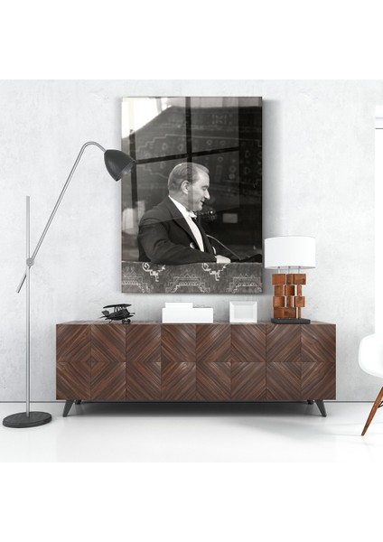 Mustafa Kemal Atatürk Siyah Beyaz Yan Profil Cam Tablo- Ev ve Ofis Dekorasyonu-Hediyelik-Dekoratif-Atatürk