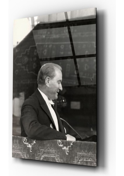 Mustafa Kemal Atatürk Siyah Beyaz Yan Profil Cam Tablo- Ev ve Ofis Dekorasyonu-Hediyelik-Dekoratif-Atatürk