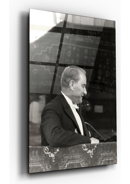 Mustafa Kemal Atatürk Siyah Beyaz Yan Profil Cam Tablo- Ev ve Ofis Dekorasyonu-Hediyelik-Dekoratif-Atatürk