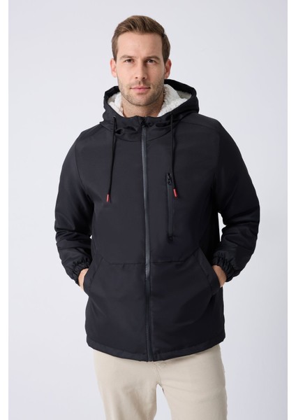 Erkek Siyah Kürklü Su ve Rüzgar Geçirmez Kapüşonlu Kışlık Mont & Kaban & Parka FMM-100