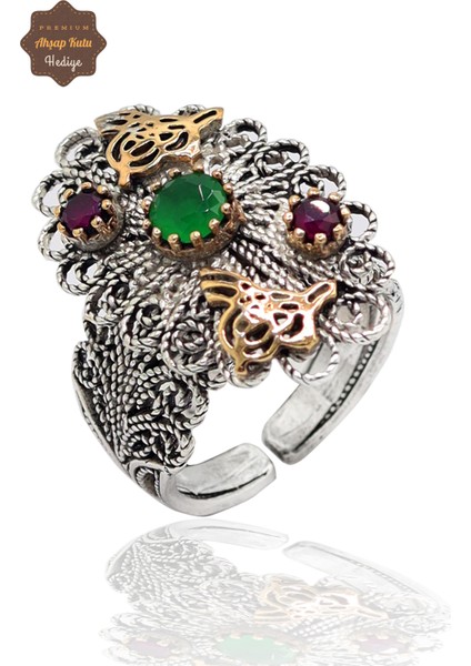 Zümrüt ve Yakut Taşlı Tuğra Model El Işçiliği 925 Ayar Gümüş Telkari Yüzük 201023849