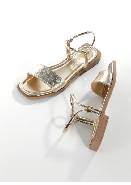 MİA028-3011 Deri Kadın Günlük Konforlu Altın Tatil Sandalet modelleri