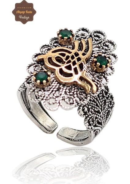 Zümrüt Taşlı Tuğra Model El Işçiliği 925 Ayar Gümüş Telkari Yüzük 201023851