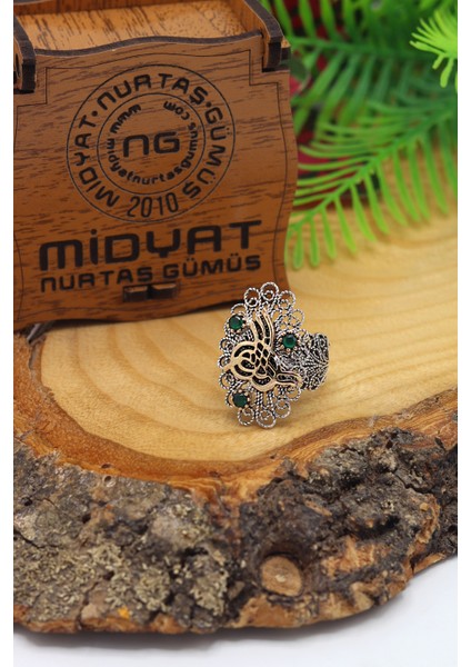 Zümrüt Taşlı Tuğra Model El Işçiliği 925 Ayar Gümüş Telkari Yüzük 201023851 fiyatları