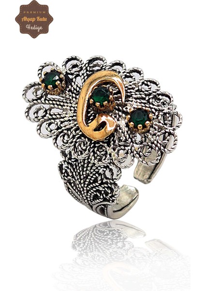 Zümrüt Taşlı Vav Model El Işçiliği 925 Ayar Gümüş Telkari Yüzük 201023854