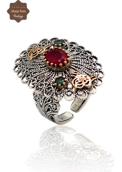Yakut ve Zümrüt Taşlı Tuğra Model El Işçiliği 925 Ayar Gümüş Telkari Yüzük 201023858