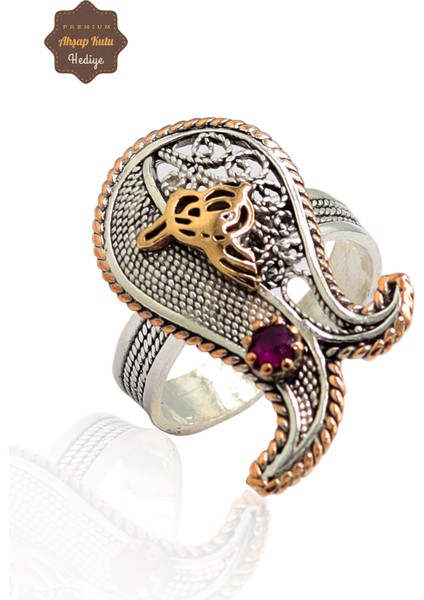 Yakut Taşlı Tuğra Model El Işçiliği 925 Ayar Gümüş Telkari Yüzük 201023835 modelleri