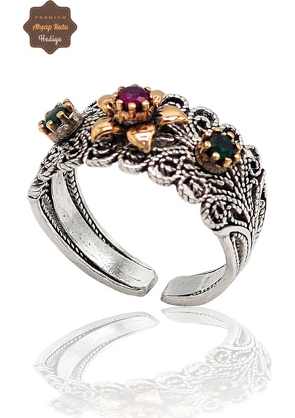 Yakut ve Zümrüt Taşlı Çiçek Model El Işçiliği 925 Ayar Gümüş Telkari Yüzük 201023838