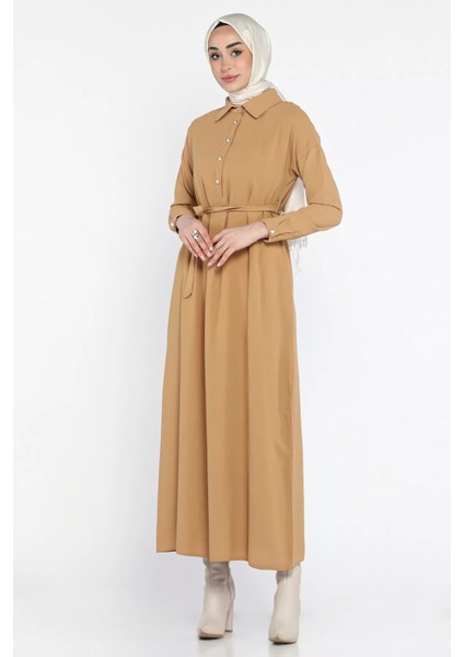Kadın Polo Yaka Yarım Düğmeli Bel Kuşaklı Tesettür Elbise fiyatları