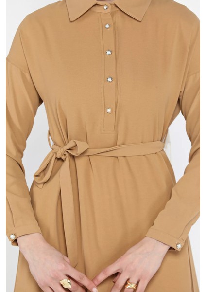 Kadın Polo Yaka Yarım Düğmeli Bel Kuşaklı Tesettür Elbise fırsatları