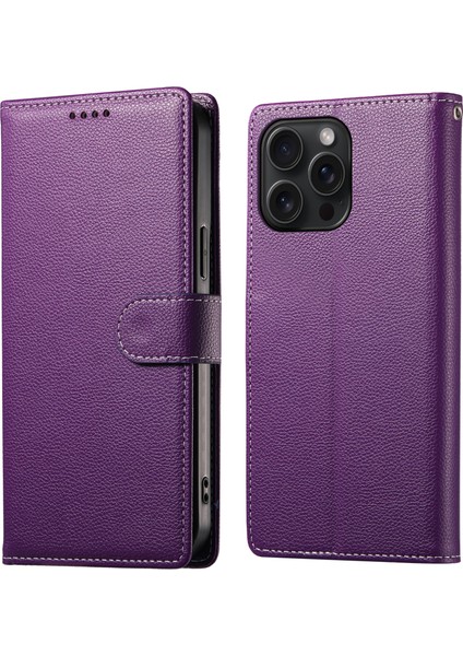 iPhone 15 Pro Litchi Dokulu Deri Cüzdan Telefon Kılıfı (Yurt Dışından)